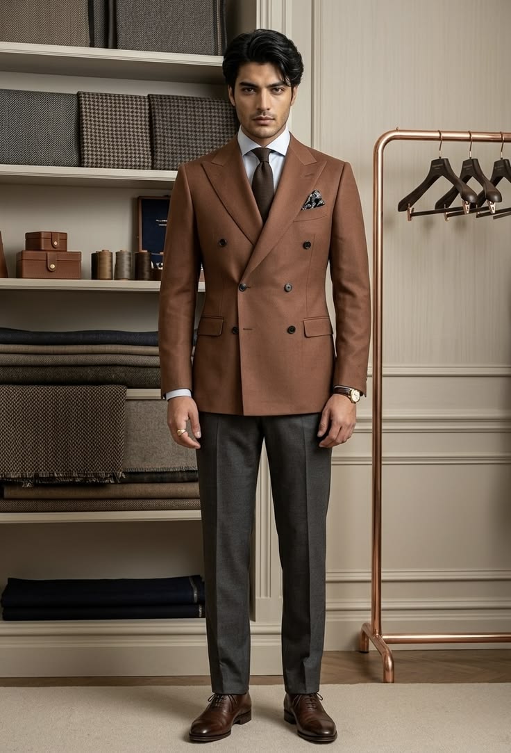 Terracotta Double-Breasted Blazer with Grey Trousers